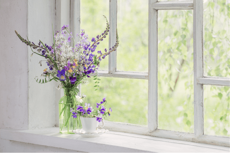 Purple flowers in vase on windowsill