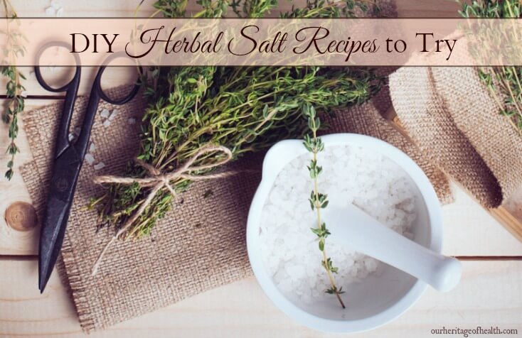 Salt in mortar with pestle with bundle of herbs and pair of scissors on table
