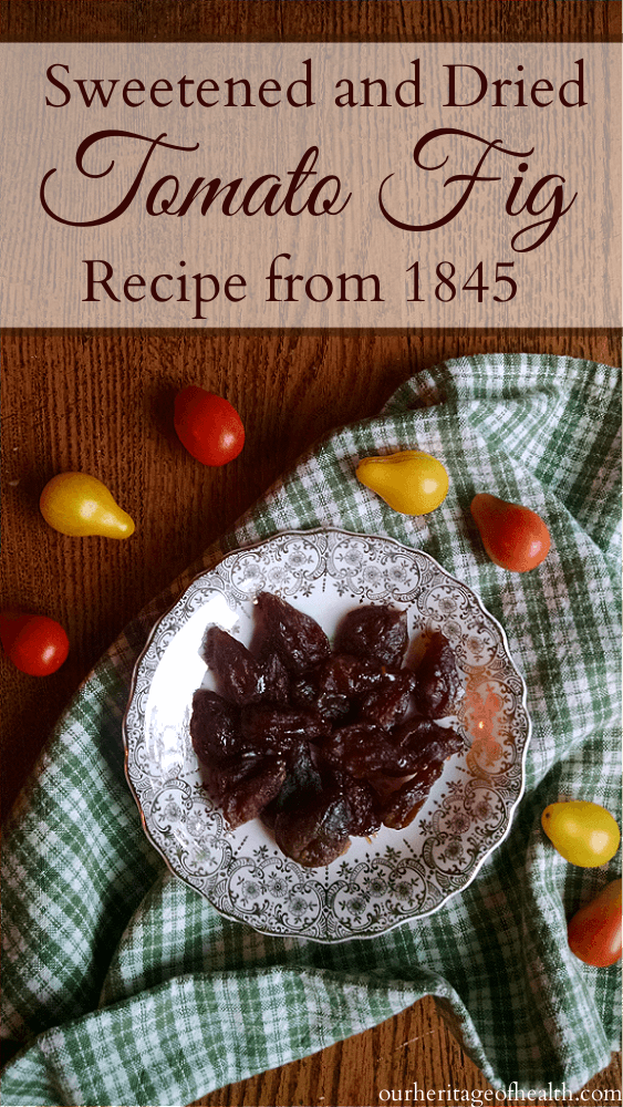 Dried tomatoes on plate with green checked cloth and small pear-shaped tomatoes scattered around