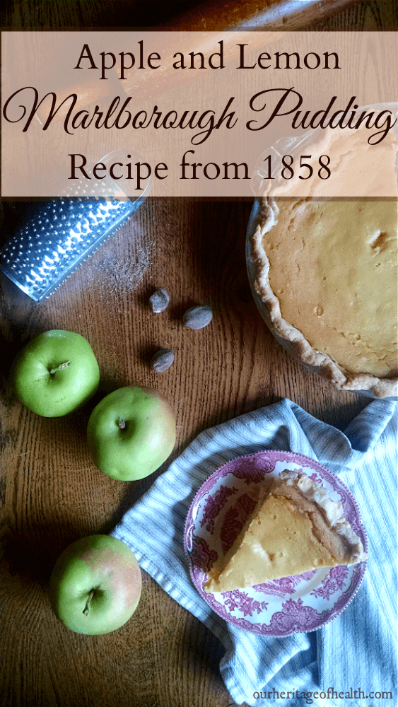 Slice of marlborough pudding on a red decorative plate with apples and the rest of the pie on a table with nutmegs and a spice grater